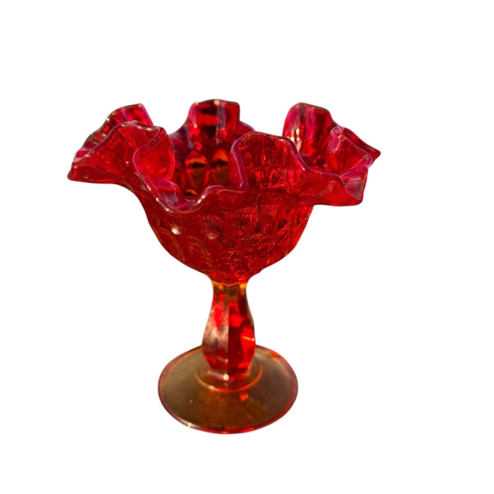 VINTAGE RED CARNIVAL GLASS COMPOTE WITH RUFFLED EDGE - Picture 6 of 12